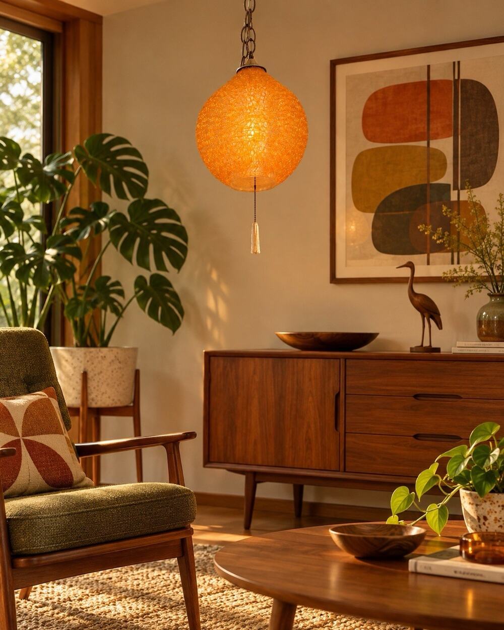 Vintage MCM Orange Spaghetti Swag Lamp 12” Lucite String Globe Pendant Light 70s